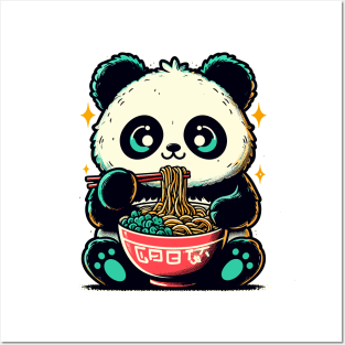 Kawaii retro little panda eat ramen Posters and Art